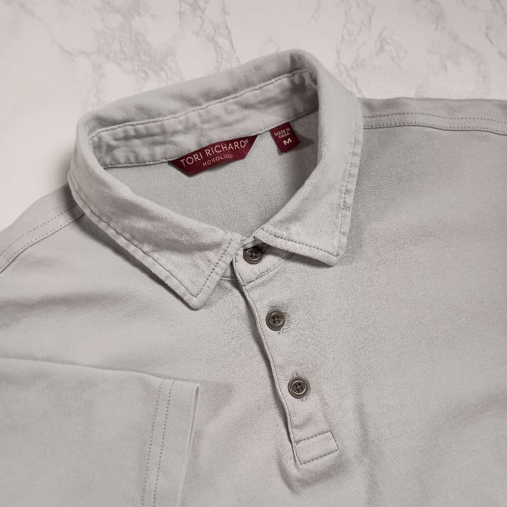 Tori Richard Mens Polo Shirt Gray M Short Sleeve Knit Regular Fit 100% Cotton